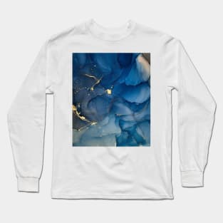 Elegant Blue Marble and Gold Pattern Long Sleeve T-Shirt